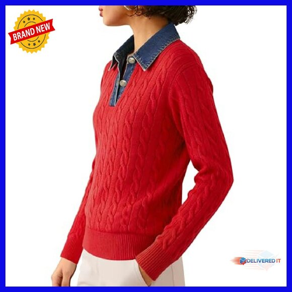 Denim Lapel V-Neck Cable Knit Pullover Sweater Long Sleeve Loose Fit - Picture 6 of 8